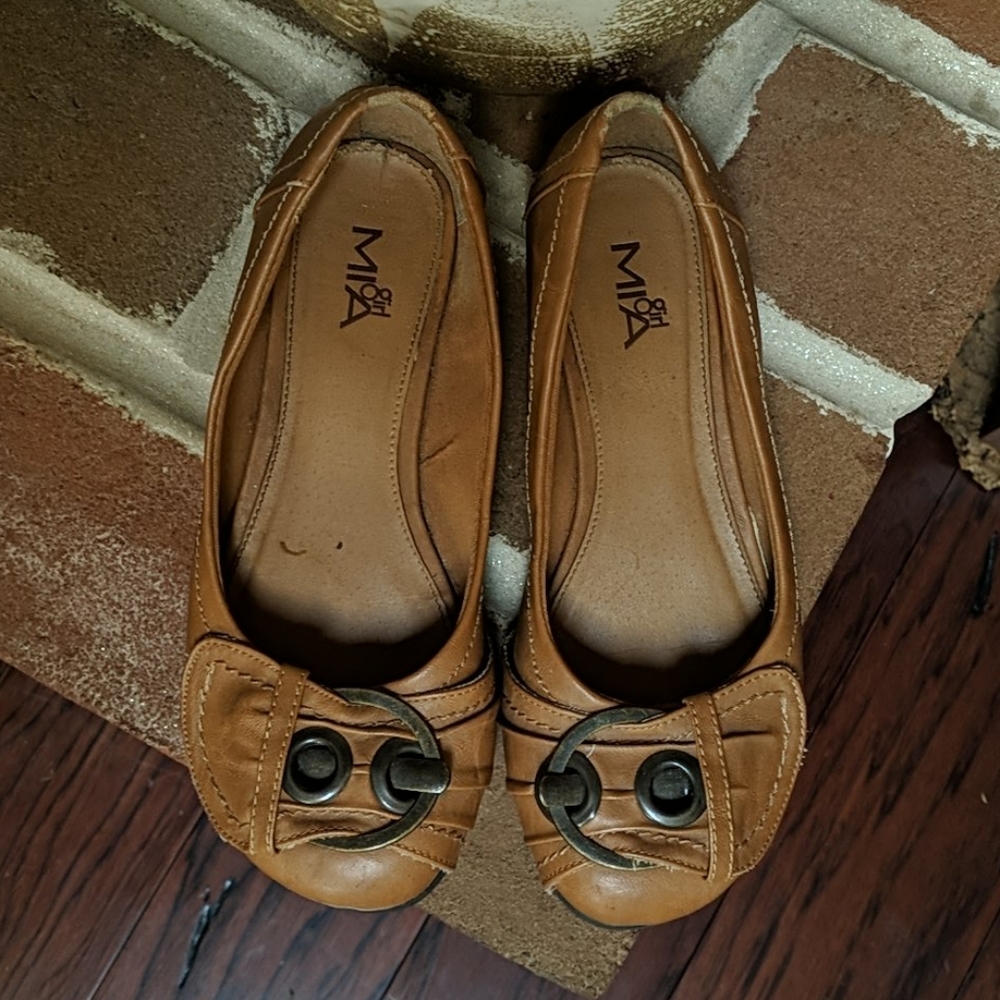 Cognac Faux Leather Flats with Buckle